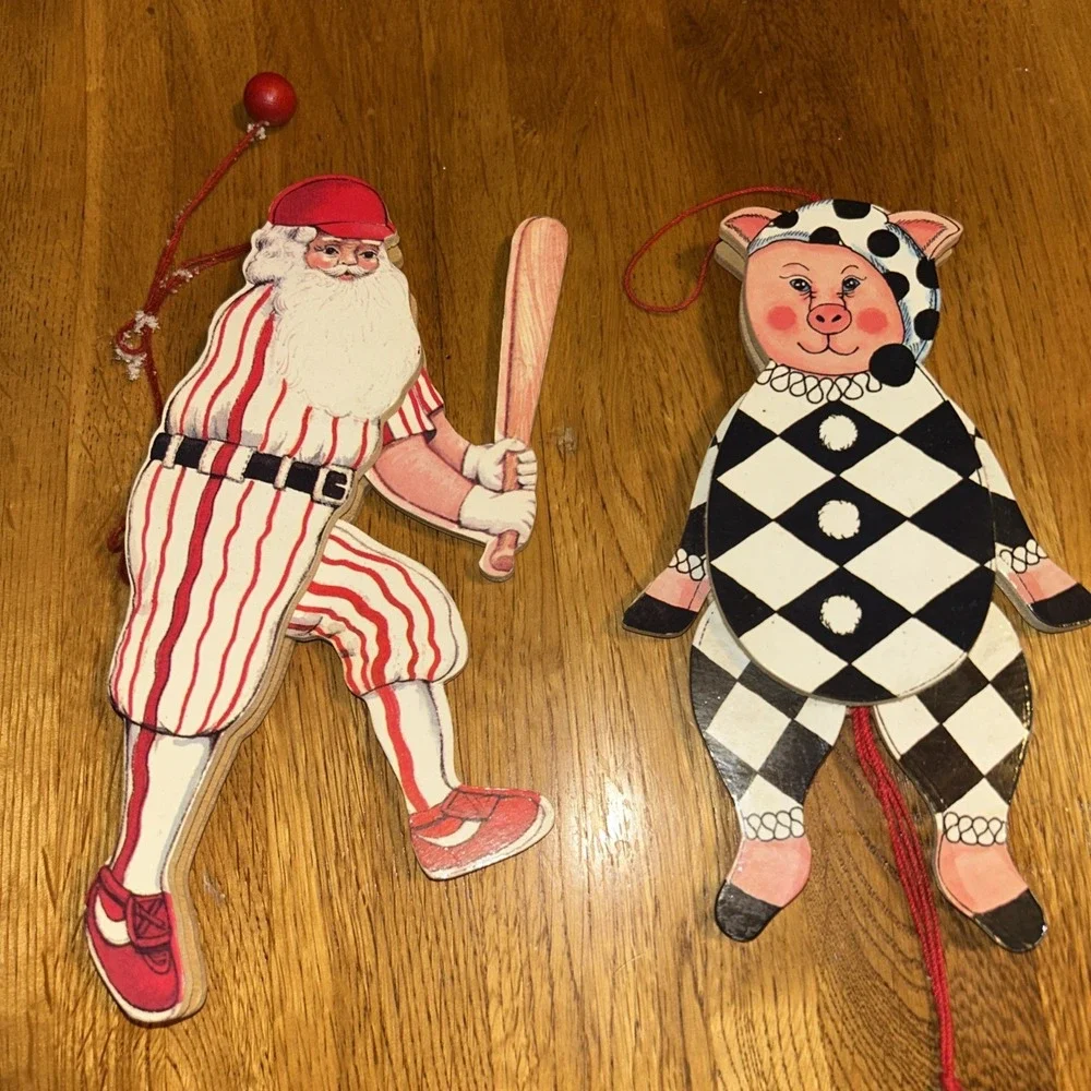 Vintage Pull String Christmas Ornament Lot Baseball Santa Clause &‎ Pajama Pig